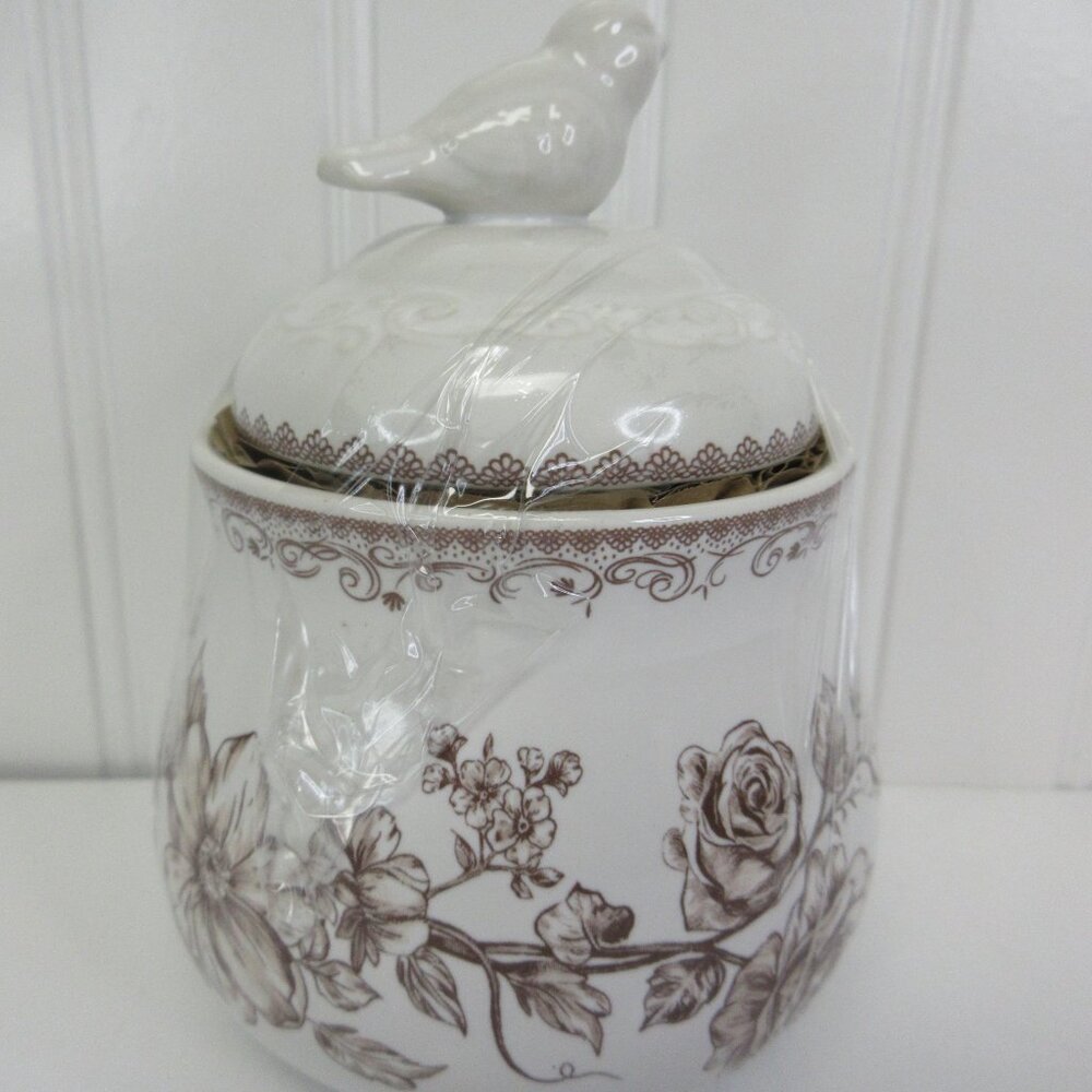 Pioneer Woman Agatha Bird Sugar Bowl W Lid Floral White Brown Stoneware New - Picture 8 of 12